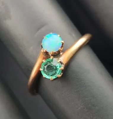 Antique 10k Yellow Gold Green Emerald & Fire Opal Ring Size 6 1.7 Grams #2062 • $300