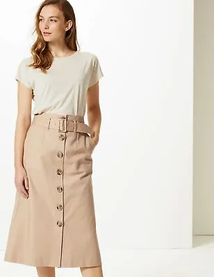 *BNWT M&S Coffee Button Front Stretchy Midi A-Line Skirt Office UK 14     (ST90) • £12.99