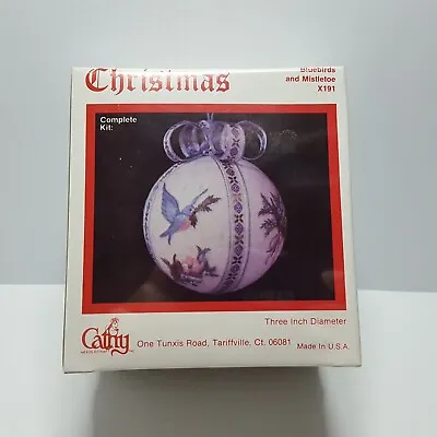 NOS Cathy Needlecraft BLUEBIRDS MISTLETOE Embroidery Christmas Ball Ornament Kit • $16.95