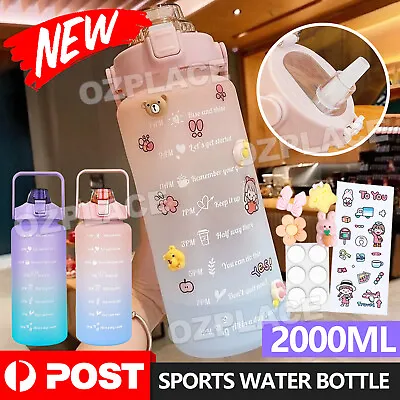 $13.95 • Buy 2L Large Water Bottle Straw Time Gradient Cup Fitness Jugs Sport Gym Training AU