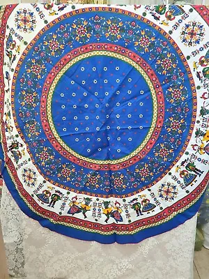 Vintage S.E.I.T Made In Italy Folk Art Round Table Cloth Pure Cotton SEIT Fabric • $69.95