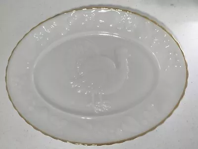 Anchor Hocking Turkey Platter Milk Glass Gold Trim 15   • $10