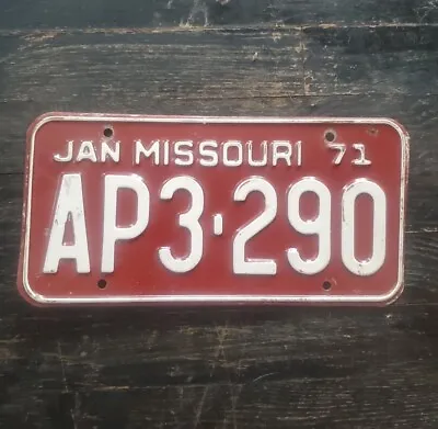 1971 Missouri License Plate Tag Mancave  AP3 290  (white On Red) JAN 71 MISSOURI • $18