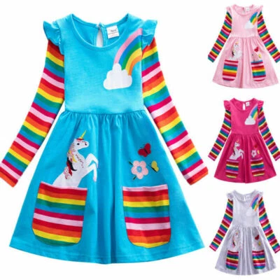 $21.38 • Buy Kids Baby Girls Rainbow Unicorn Dress Party Patchwork Long Sleeve Print Dresses