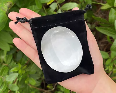 Morocco Selenite Palm Stone 2.5  & Carry Pouch Worry Healing Soap Stone • $8.95