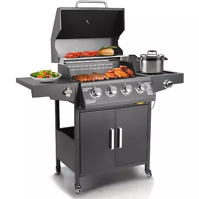 Propane Gas Grill 4 Burners A Side Burner Steel Grill Cart Outdoor Cooking BBQ • $239.99