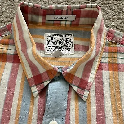 Lucky Brand Men Classic Fit Shirt Madras Plaid Short Sleeve Pockets Size M • $8