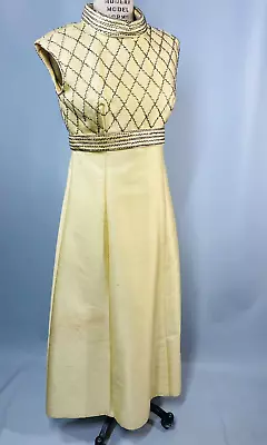 Vintage Dress SIZE 10 LARGE Yellow Beaded 60's 70's Maxi Long Jackie O Sheath • $38