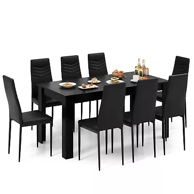 Modern Rectangular Kitchen Table Set With 8 PVC Leather Dining Chairs Black • $374.99