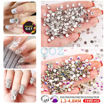 1440pcs Nail Art Rhinestones Crystal Gems Glitter Round Beads 3D Tips DIY Deco • $3.20