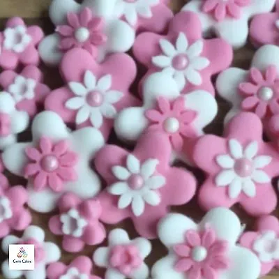 32 Edible PINK & WHITE Fondant Sugar Flowers Cake Cupcake Toppers Decorations • £5.99