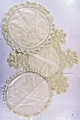 3 Doilies Creme Handmade Muslin Fabric Crochet & Tatted Lace Edge. • $11.56