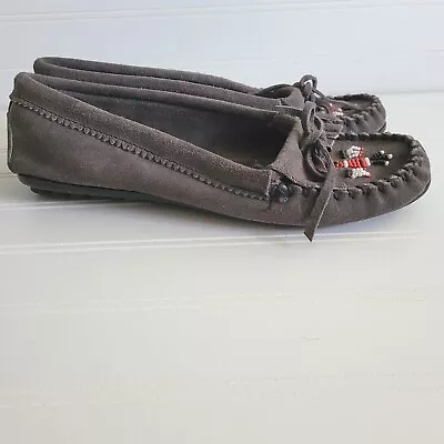 Minnetonka Moccasin Shoes Womens Size 9 Gray Slip On Suede Beaded Thunderbird • $24