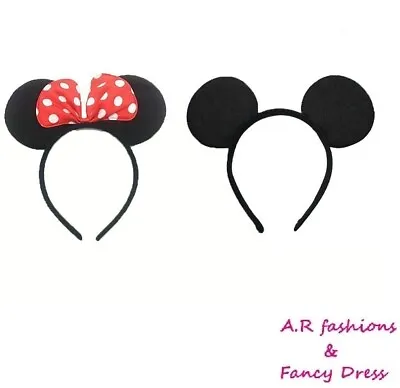 Black Mickey Mouse And Disney Spotted Bow Minnie Mouse Ears Headband Fancy Dress • £5.85