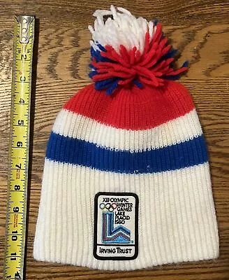 Vintage 1980 Winter Olympics XII Lake Placid White Knit Hat Pom Pom Beanie • $18