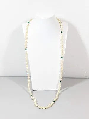 Vintage Ivory Color Acrylic Faux Pearl Green Glass Bead Longer Necklace 36 Inch • $7.34