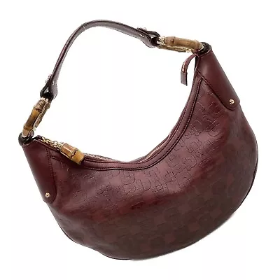 GUCCI Bamboo Horsebit Embossed Hobo Shoulder Bag Handbag Dark Red 137577 Auth • $455.99