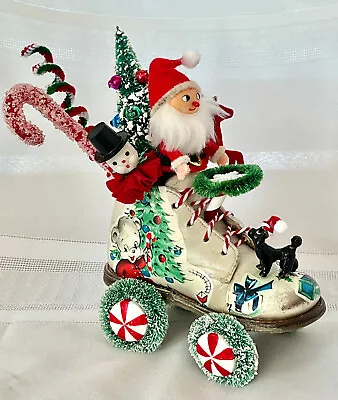 Vtg Xmas Kitsch Deco Felt Santa In Baby Shoe Car Bottle Brush Tree Flocked Deer • $45