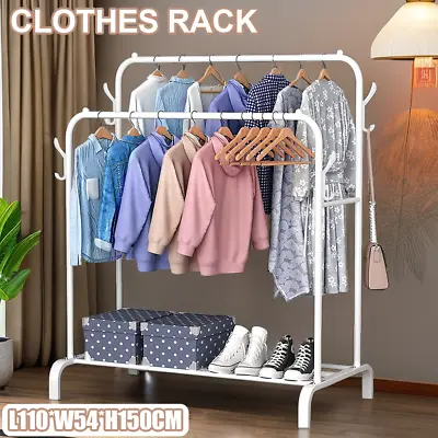 Heavy Duty Double Clothes Rail Rack Storage Shelf Garment Hanging Display Stand • £17.98