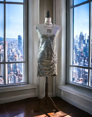 $48.60 • Buy WOMEN ZARA DRESS SEQUINED DRAPED - Crosse,  V-Neck, Armhole SLV, Silver, Size M
