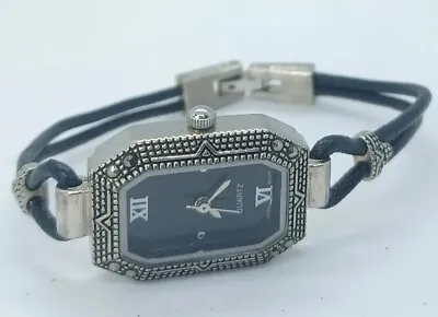 Vintage Women Bracelet Watch Silver Case Marcasite Accent Black Face Leather Ban • $18.49