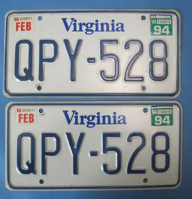 1994 Virginia License Plates - Matched Pair • $12.50