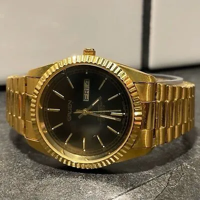 Mens Vintage Gruen Gold And Black Day/Date Presidential Watch - New Battery • $62