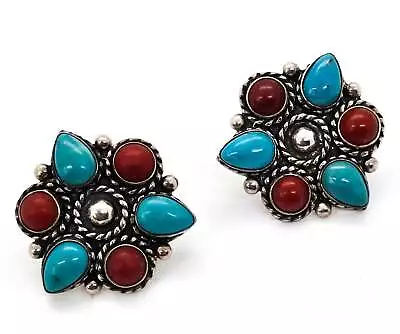 QT Quoc Turquoise Turquoise And Red Coral Sterling Silver Vintage Stud Earrings • $45