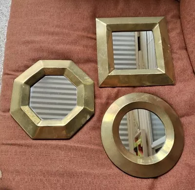 Vintage Heavy Brass Set Of 3 Grouped 1960s Small 7  Shaped Accent Wall Mirrors  • $50