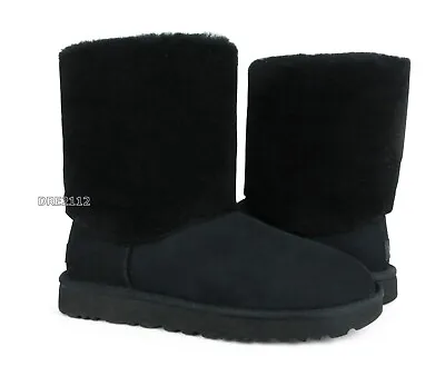 UGG Classic Short II Sherpa Cuff Black Fur Boots Womens Size 8 -NIB- • $128.20