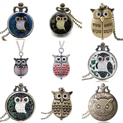 Antique Owl Design Steampunk Analog Quartz Pocket Watch Necklace With Chain • $4.27