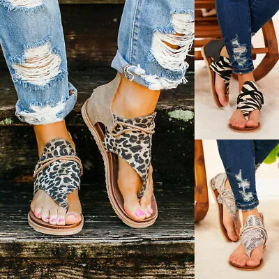 Womens Leopard Flat Sandals Ladies Zip Back Flip Flops Gladiator Beach Shoe Size • £14.03