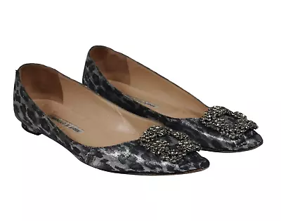 Manolo Blahnik Womens Hangisi Flats US 7.5 EU 37.5 Gray Black  Leopard Crystal • $173.15