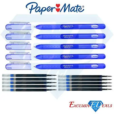 £5.95 • Buy 5 X 0.7mm Blue Paper Mate Rollerball Gel Pens + 10 Refills Smooth Clean Writing