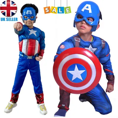 Boys Marvel Captain America Costume Avengers Child Superhero Fancy Dress Outfit~ • £14.24