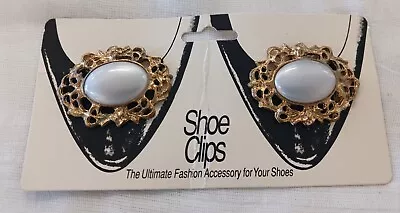 Vintage Pair Shoe Clips Gold Tone Open Work Faux Abalone MOP Center NIP • $5.99