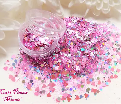 Nail Art Glitter *Pink Minnie* Silver 3D Hexagon Heart Pearl Holographic Mix Pot • £2.35