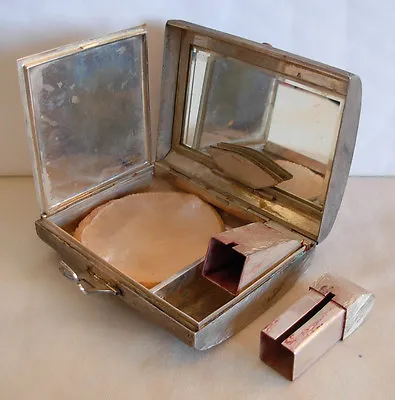 Art Deco Italian 800 Silver Woman Compact W/ Coral Lipstick Powder Puff • $339