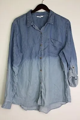 $14.99 • Buy Womens Time And Tru Soft Washed Roll Cuff Button Down Dip Dye Blue Size XXL (20)