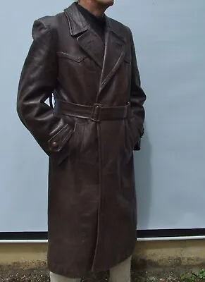 £125 • Buy Vintage GERMAN Real Heavy Hide Leather Officers Trench Coat WW2 Size M / L