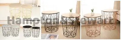 Retro Metal Wire Round Wood Top Storage Side Table Basket Home Furniture • £22.95