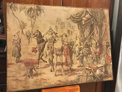 Antique TAPESTRY  BELGIUM 24x33  People Horse Dog Market 17th-18th Century Style • $75