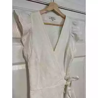 Madewell White Cotton Deep V Flutter Sleeve Short Wrap Dress L • $16