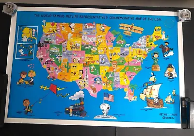 1992 Vintage Peanuts Snoopy Met Life Poster Map Of The United States Of America • $65