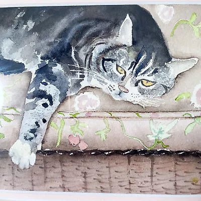 Vintage Black And White TABBY CAT Original Watercolor Framed Wall Art Signed Vtg • $98