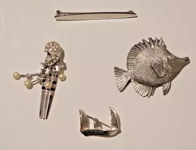 4 Pieces Vintage Silver Ton Brooch Pin Hair Pin Lot Fish Bluegill REN Sailboat • $10.99