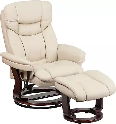 Allie Recliner Chair With Ottoman | Beige Leathersoft Swivel Recliner Chair With • $529.99