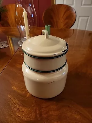 Vintage Country Farmhouse Double Boiler Enamelware Cream With Green Trim • $14