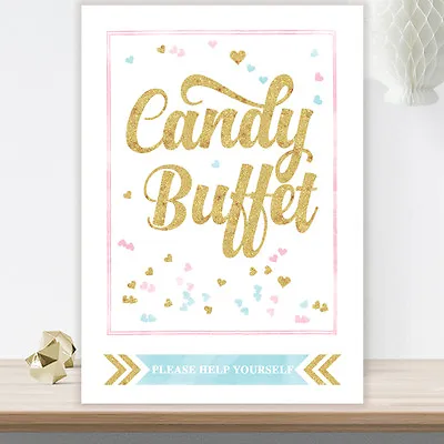 Candy Buffet Sweet Table Sign With Gold Glitter Effect Weddings Baby Showers GL1 • £4.40