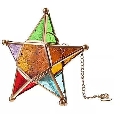 Hanging Tealight Holder Star Color Glass Lantern Moroccan Pentagram Wrought I... • $41.69